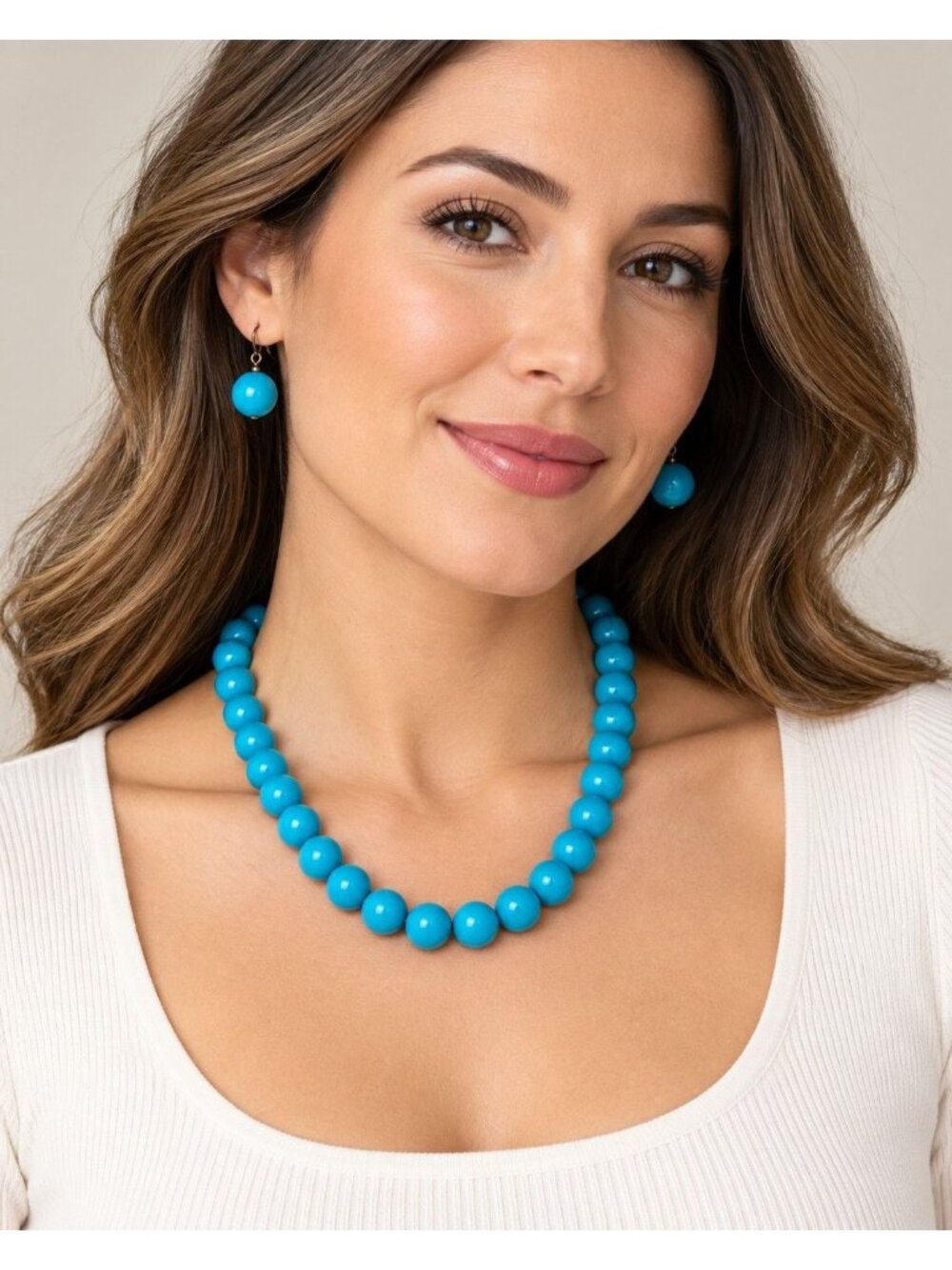 Lee Sands Satin Glass Turquoise Blue Bead Necklace Earrings Set 17"